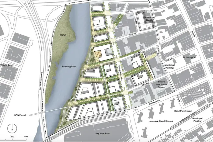 A rendering of the area of the Special Flushing Waterfront District, where the Flushing River meets the Van Wyck Expressway and College Point Blvd.